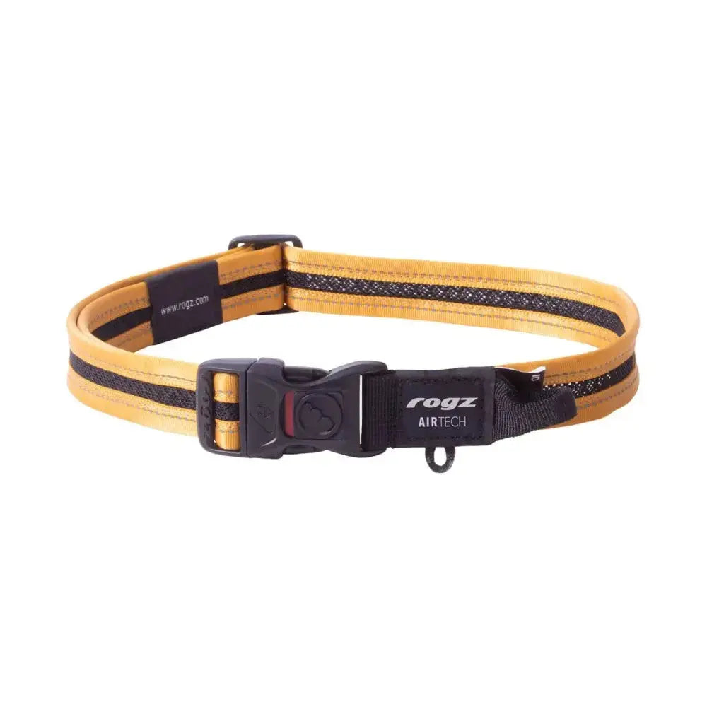 Rogz Airtech dog collar in yellow and black, featuring a secure buckle and breathable design.
