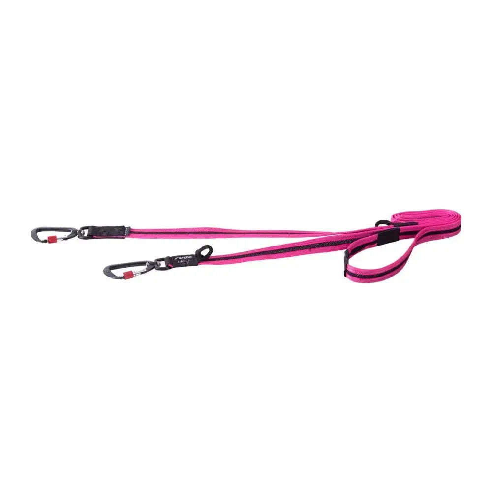 Durable pink dog leash with dual clips for easy handling and control during walks.