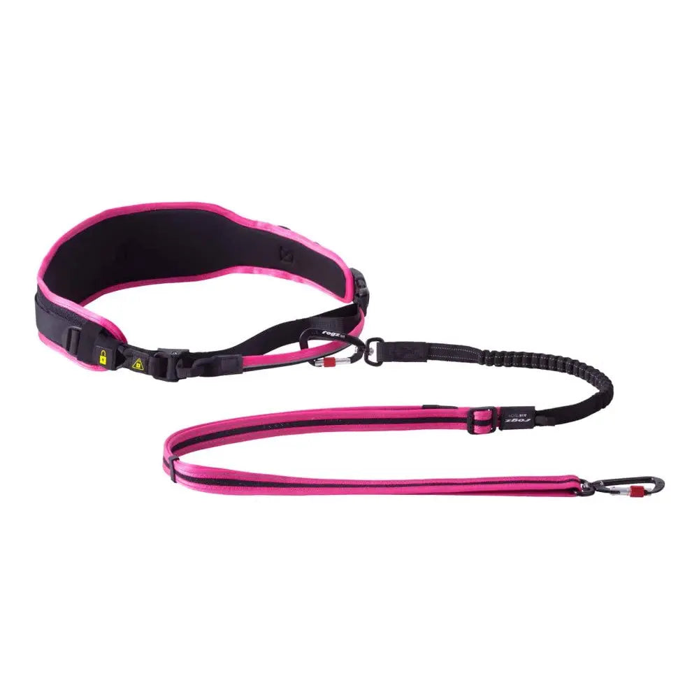 Adjustable pink dog leash and harness set for comfortable hands-free walking.