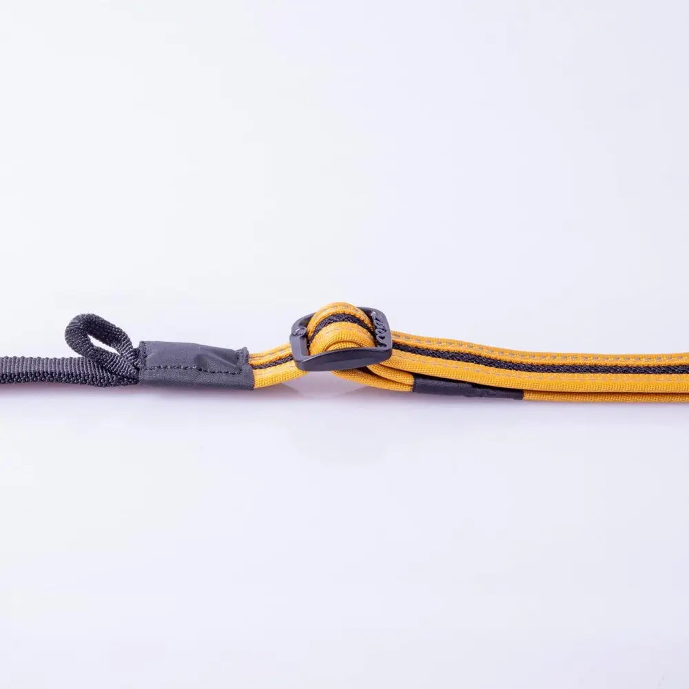 Durable yellow and black dog leash with a secure knot for added strength and control.