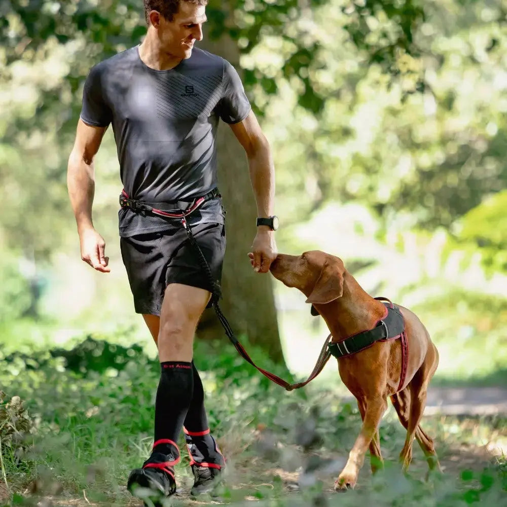 Man jogging with a dog on a leash in a lush green park, showcasing an active lifestyle.