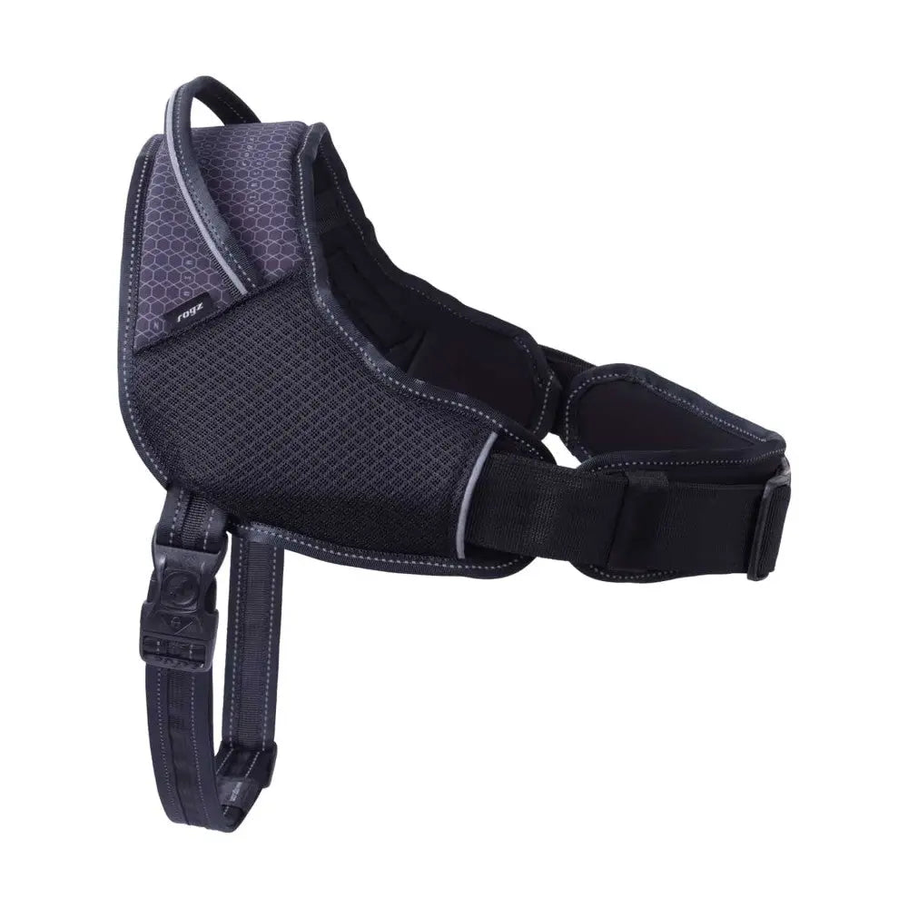 Dog harness with adjustable straps and breathable mesh for comfort and safety during walks.