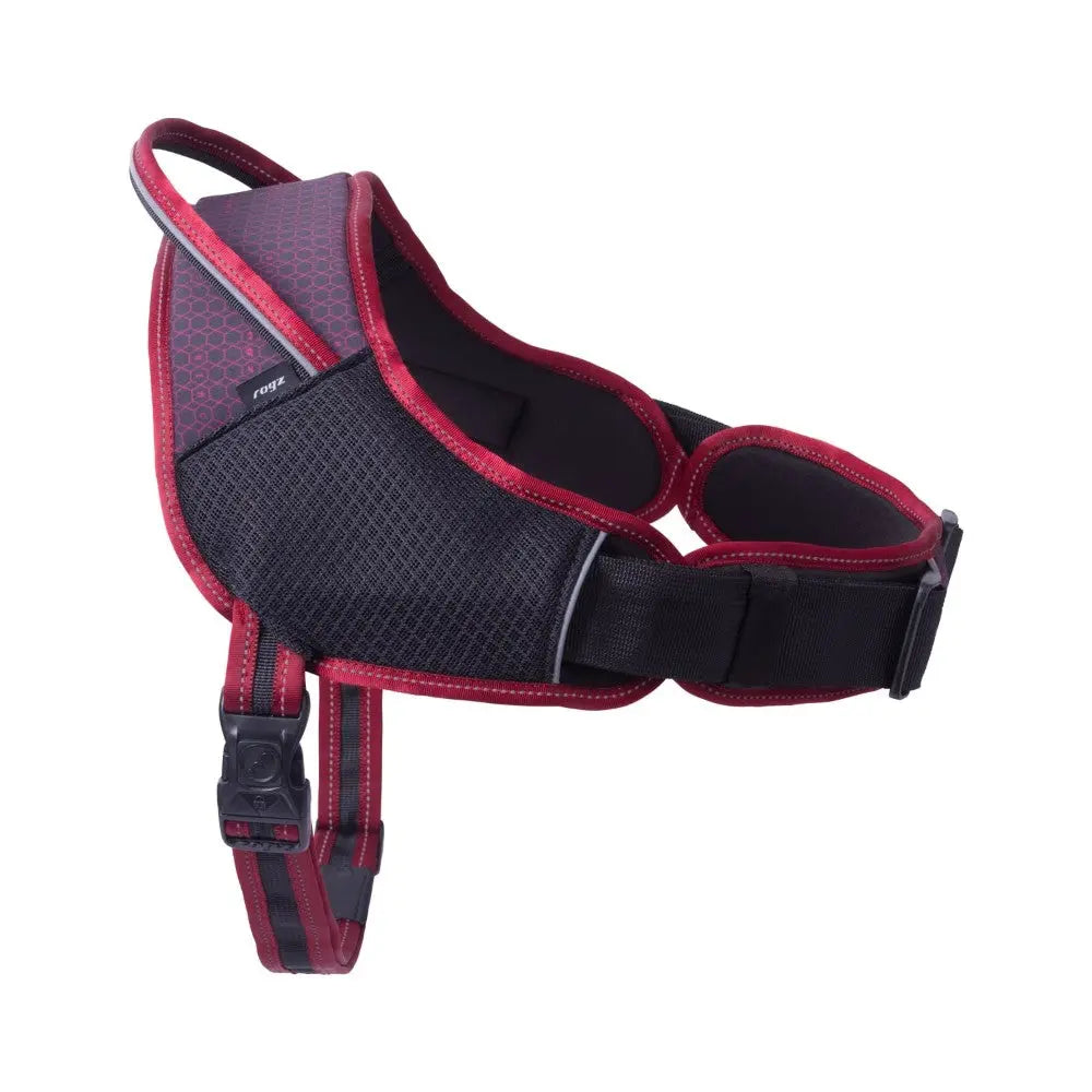 Red and black dog harness with breathable mesh design for comfort and safety during walks.
