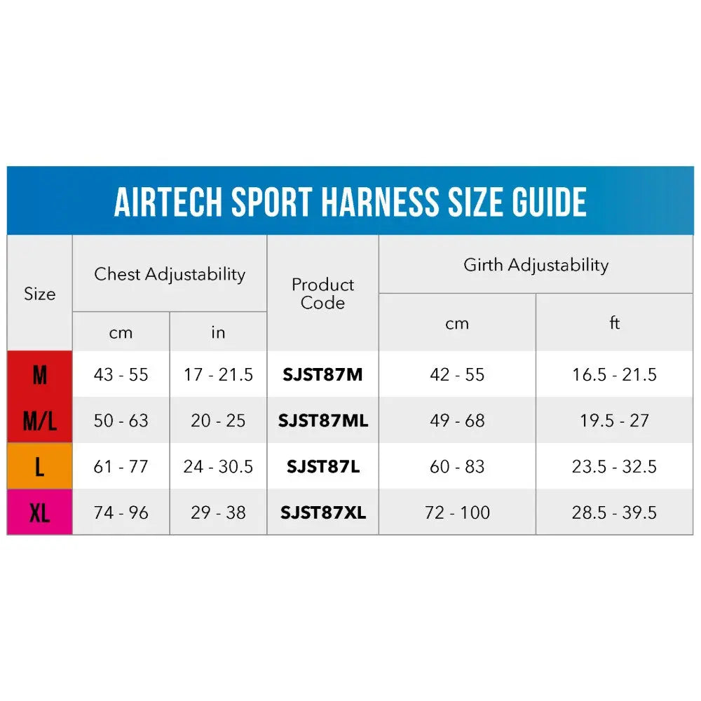 Airtech sport harness size guide with chest and girth adjustability measurements for optimal fit.