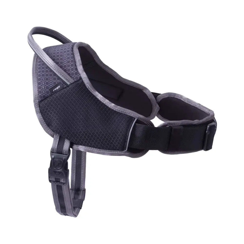 Adjustable dog harness with breathable mesh for comfort and secure fit during walks.