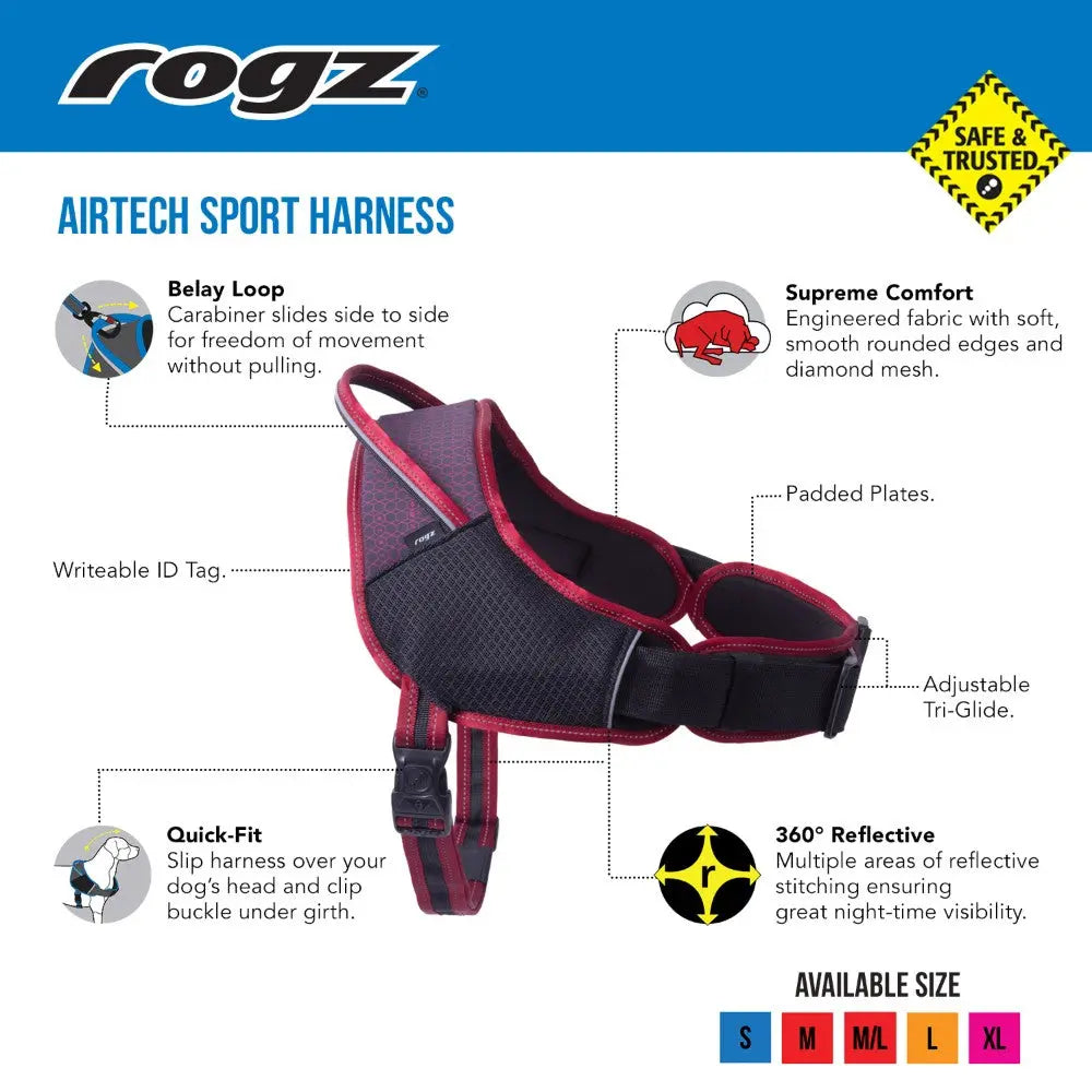 Rogz Airtech Sport Harness features reflective stitching, padded plates, and a writeable ID tag for pet safety.