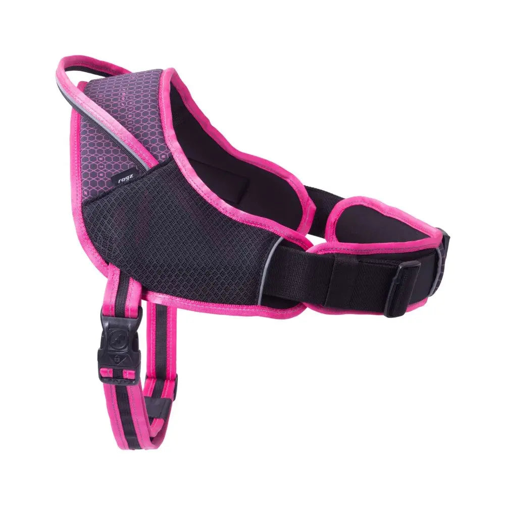 Pink dog harness with breathable mesh and adjustable straps for comfort and safety.