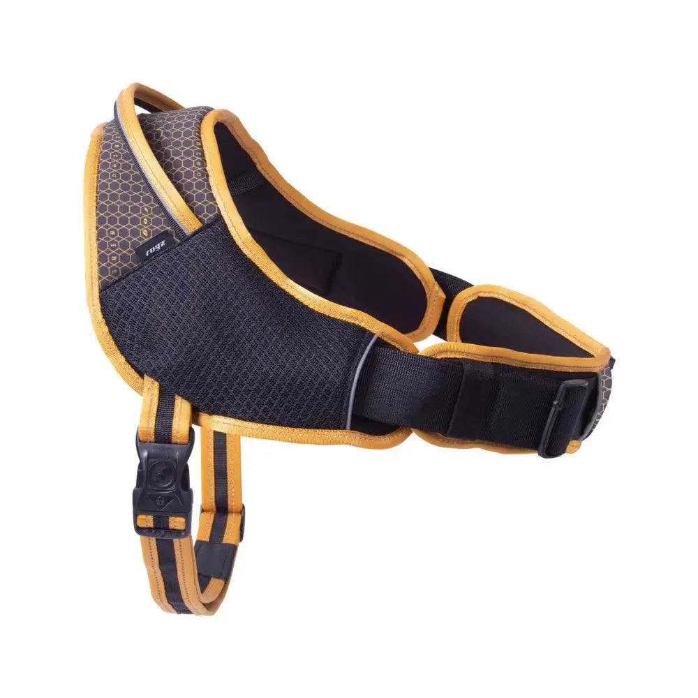 Durable dog harness with breathable mesh and adjustable straps for comfort and safety.