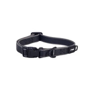 Durable black dog collar with adjustable buckle and metal D-ring for leash attachment.