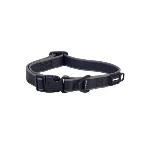 Durable black dog collar with adjustable buckle and metal D-ring for leash attachment.