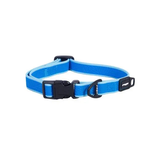 Blue dog collar with adjustable buckle and durable design for pet safety and comfort.
