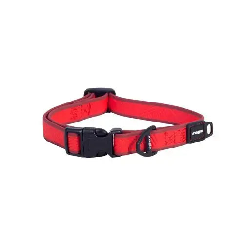 Red dog collar with adjustable buckle and durable design for pet safety and comfort.
