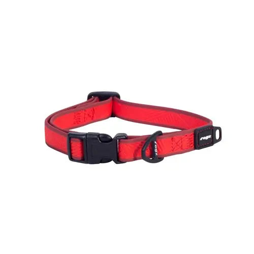 Red dog collar with adjustable buckle and durable design for pet safety and comfort.