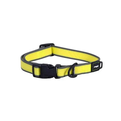 Bright yellow dog collar with adjustable buckle and durable design for pet safety.
