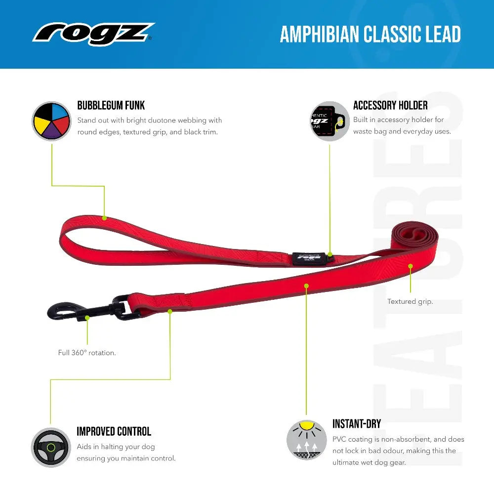 Rogz Amphibian Classic Lead in red, featuring durable webbing, accessory holder, and improved grip for dog control.