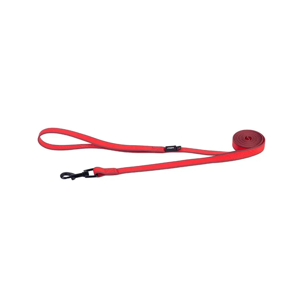 Red dog leash, durable material, ideal for training and walking, featuring a secure clip for safety.
