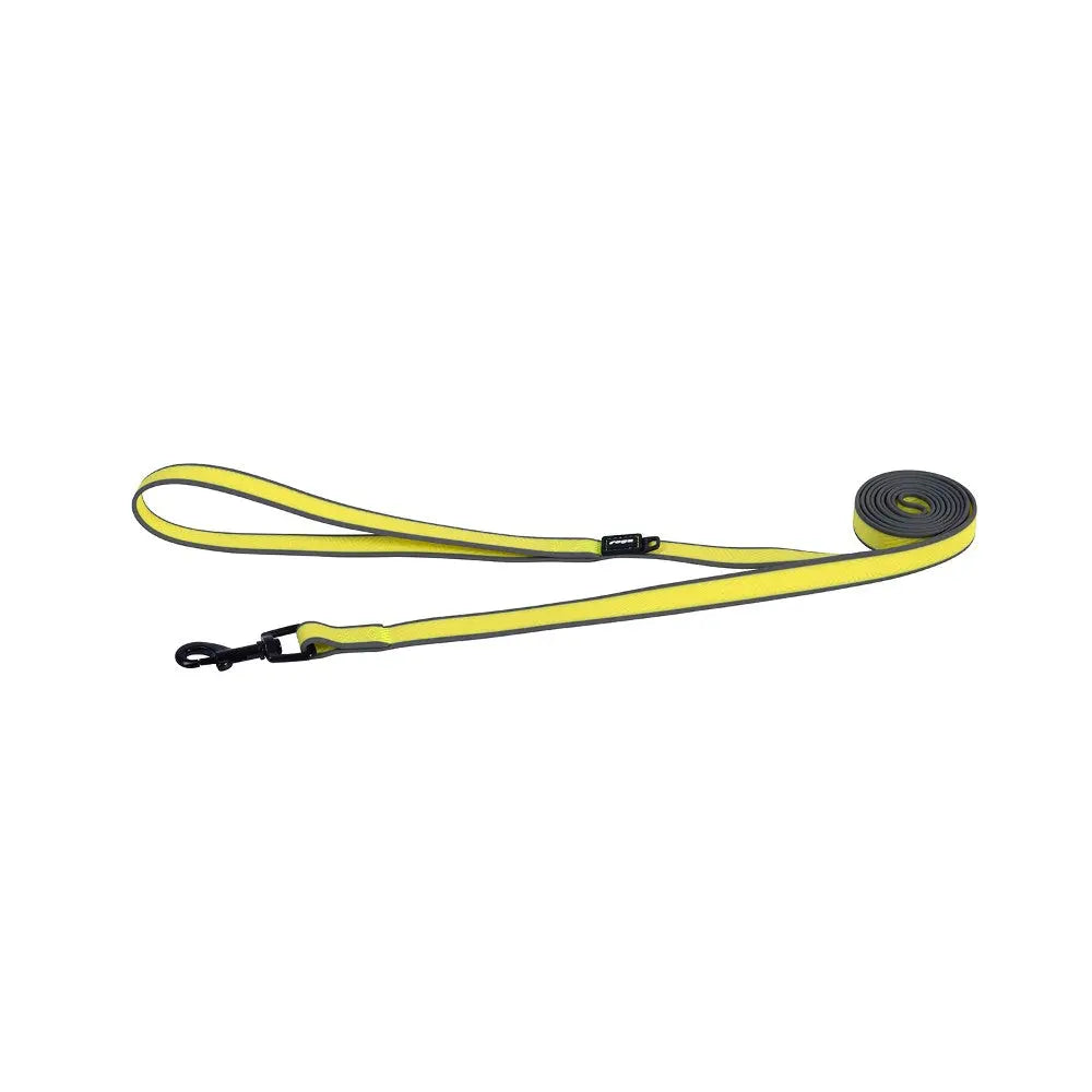Durable dog leash in bright yellow and gray, perfect for walks and training.