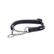 Durable black dog collar with chain and adjustable buckle for secure pet control.