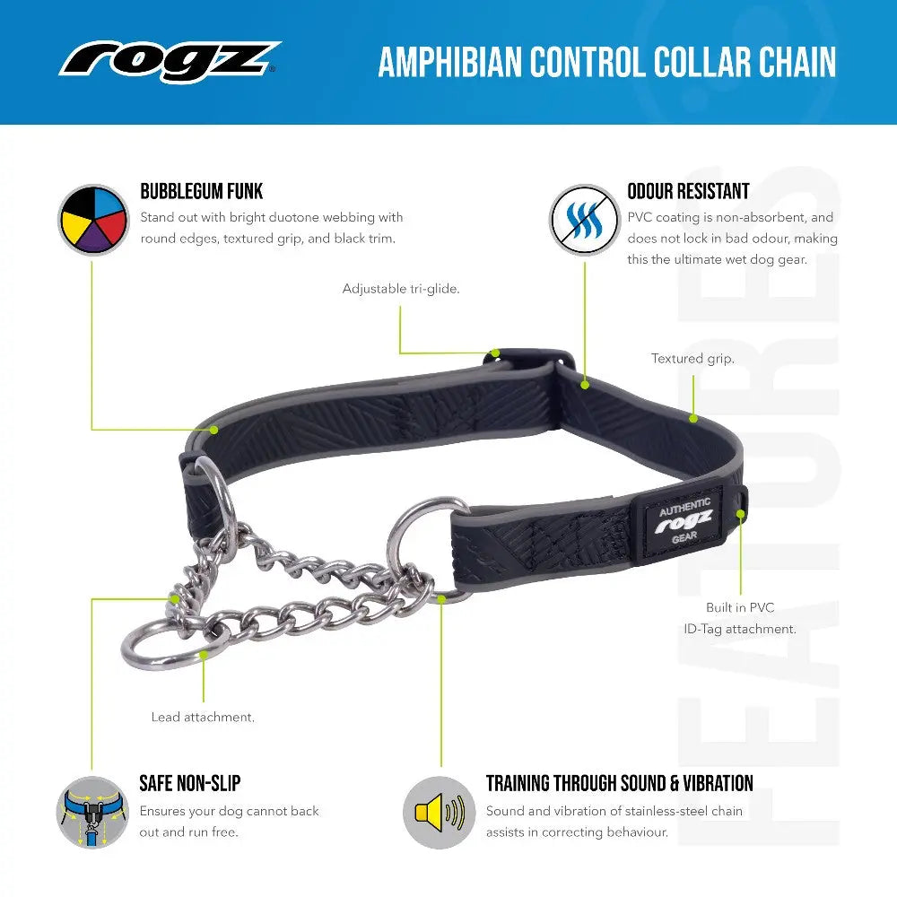 Rogz amphibian control collar chain with adjustable fit and odor-resistant PVC for safe dog training.