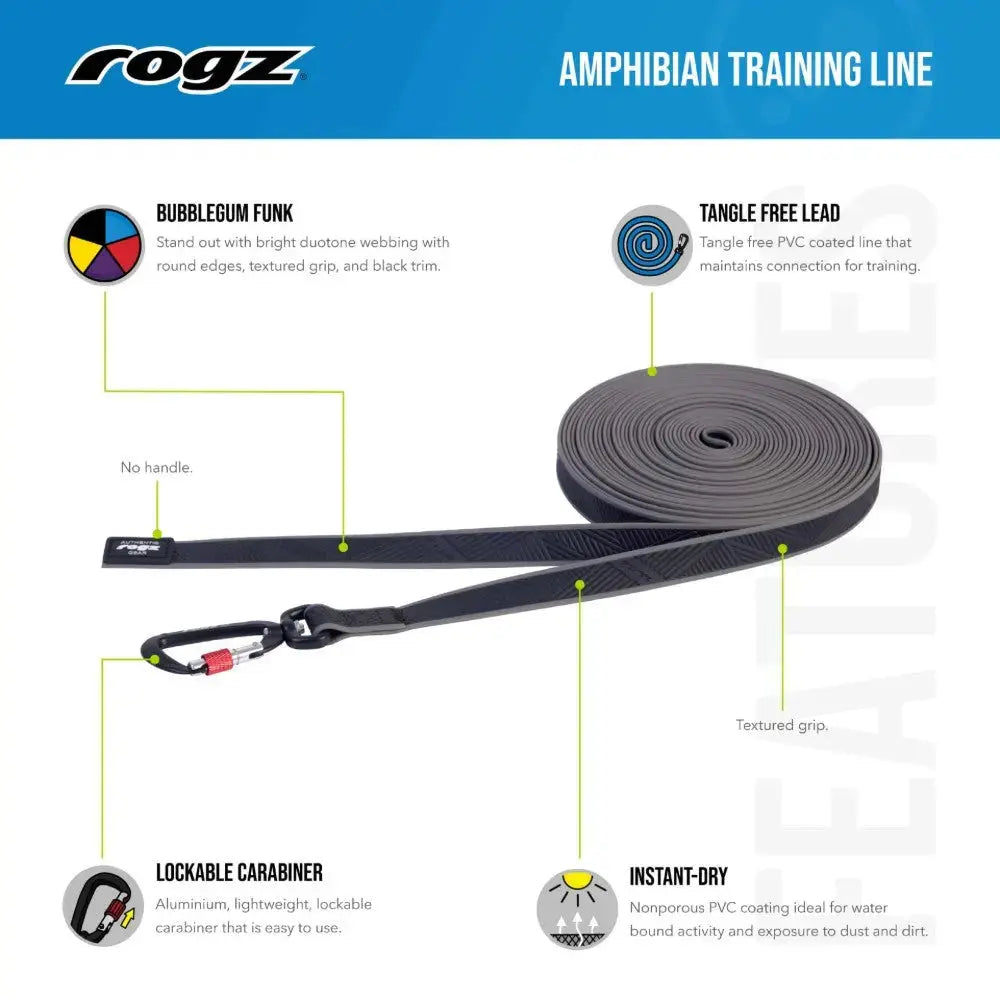 Amphibian training line with tangle-free lead, lockable carabiner, and textured grip for easy handling.