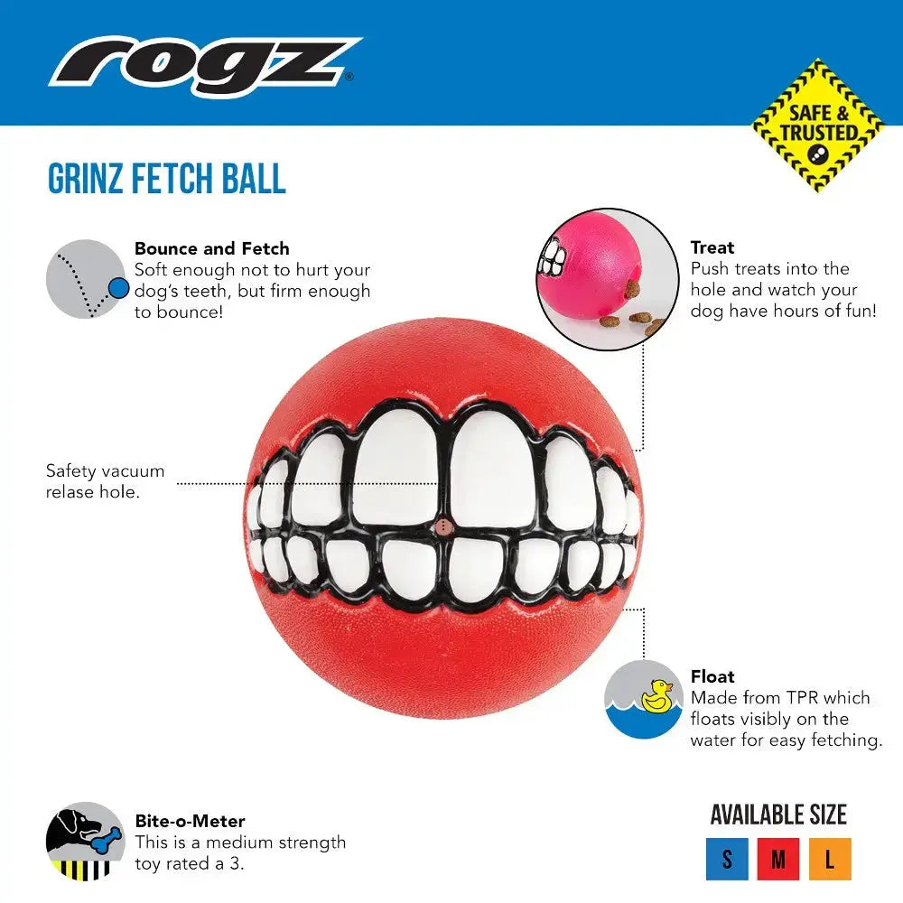 Rogz Grinz Fetch Ball for dogs, featuring a fun design, safety release hole, and buoyant material for playtime.