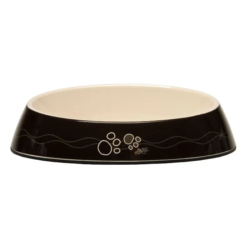 Black pet food bowl with a stylish design and smooth interior for easy cleaning.