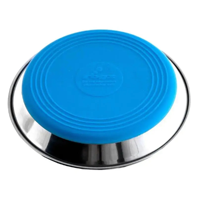 Stainless steel pet bowl with a blue silicone lid for easy feeding and storage.