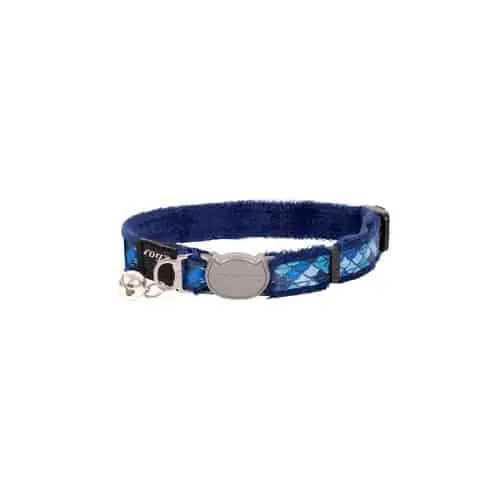 Blue patterned cat collar with a bell and adjustable buckle for comfort and style.