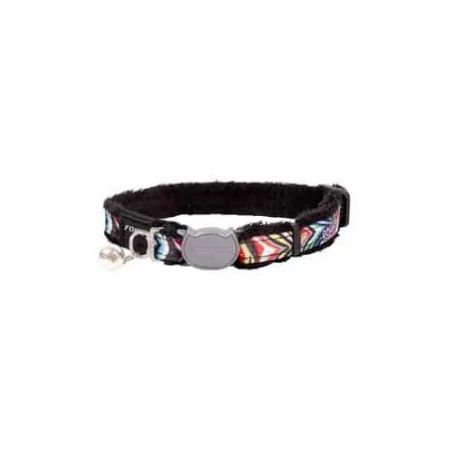Colorful cat collar with a bell and adjustable design for comfort and style.
