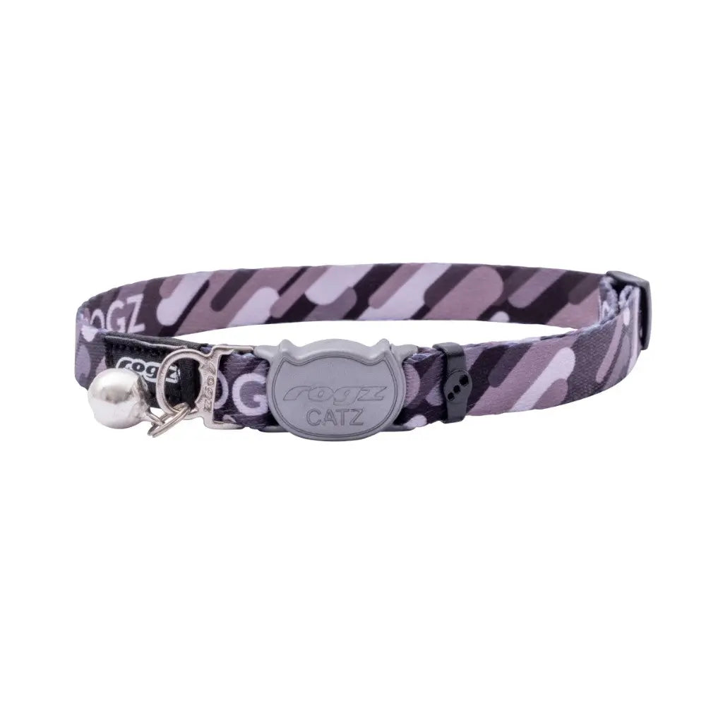 Rogz Catz collar in purple camo design, featuring a bell and adjustable buckle for cats.
