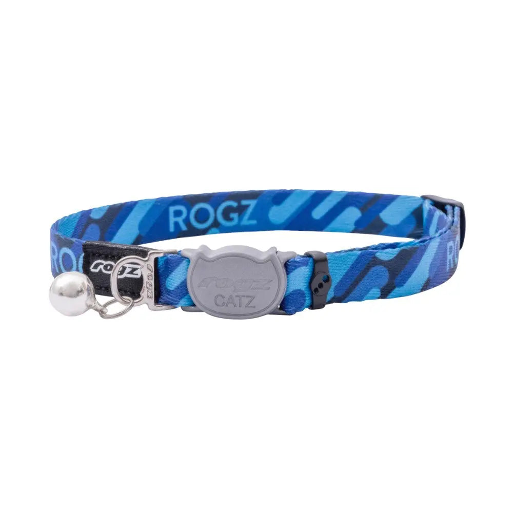 Blue patterned cat collar with bell and adjustable buckle for safety and style.