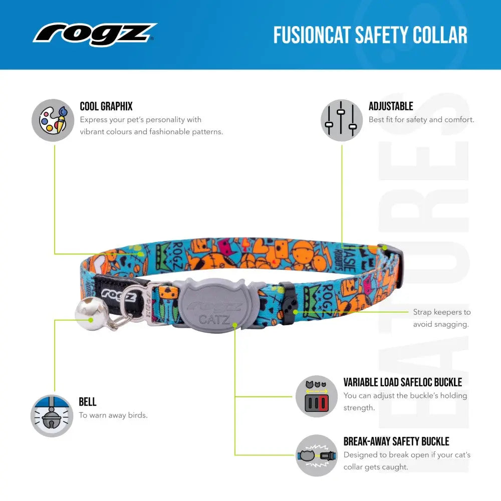 Colorful Rogz Fusioncat safety collar with adjustable features and break-away buckle for pet safety.