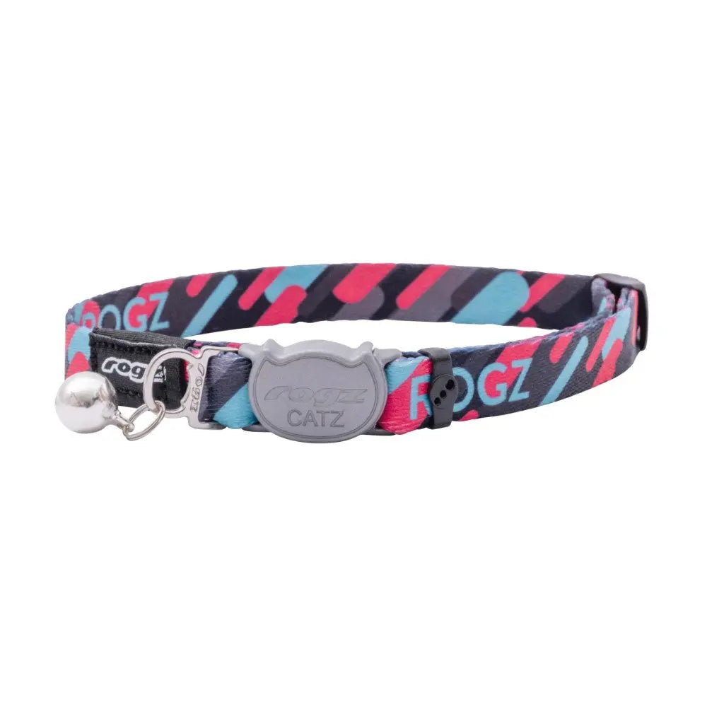 Colorful Rogz Catz collar with a bell, perfect for stylish and safe pet wear.