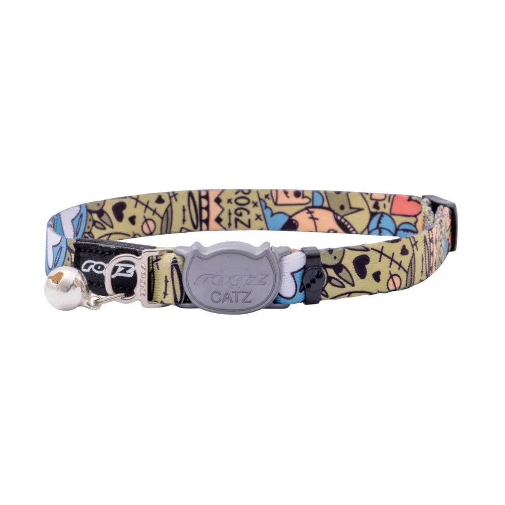 Colorful cat collar with bell, featuring playful cartoon designs and adjustable fit for comfort.