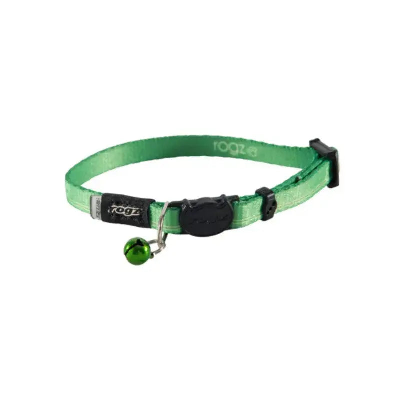 Green cat collar with bell, adjustable strap, and Rogz branding for pet safety and style.