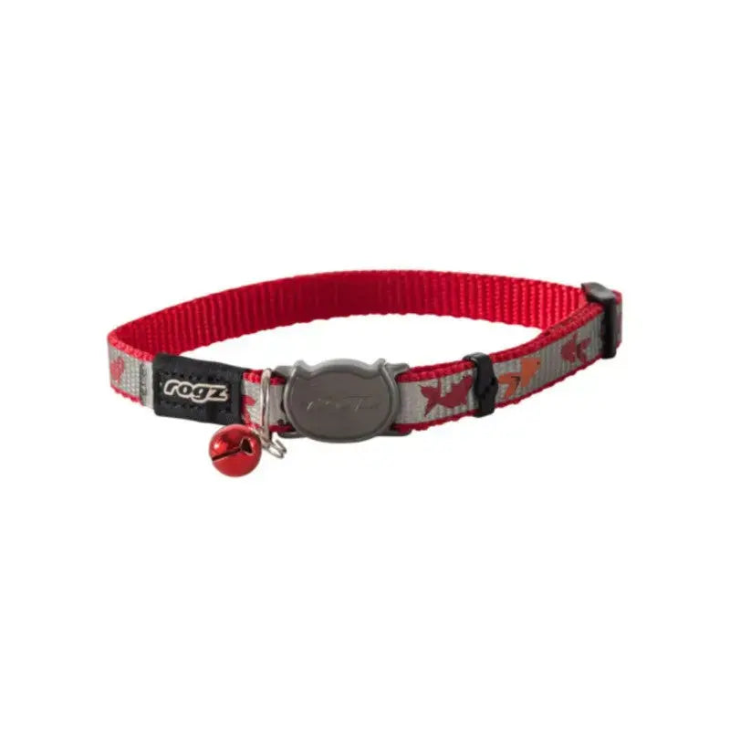 Red cat collar with bell, adjustable design, featuring a playful pattern for stylish pet accessories.