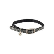 Black cat collar with decorative pattern and bell for added safety and style.