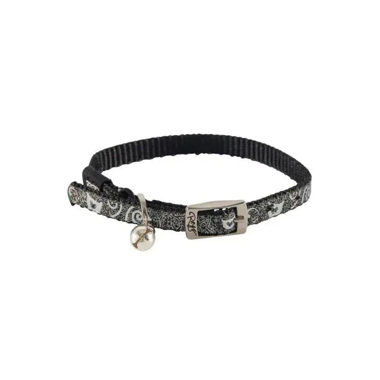 Black cat collar with decorative pattern and bell for added safety and style.