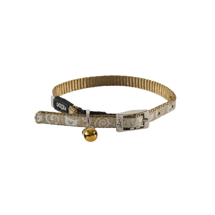 Gold-patterned cat collar with bell and adjustable buckle for comfort and style.
