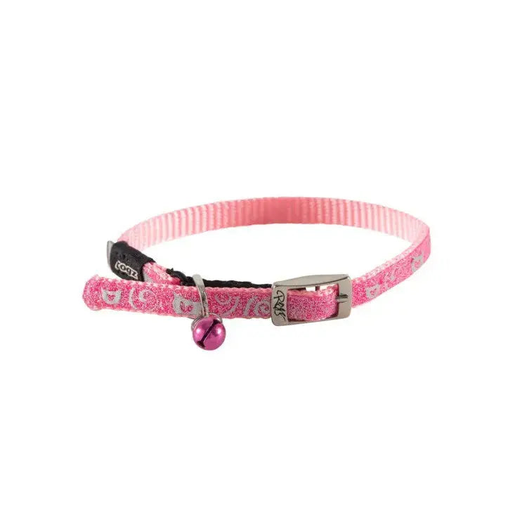 Pink cat collar with a bell and decorative pattern for stylish pet accessories.
