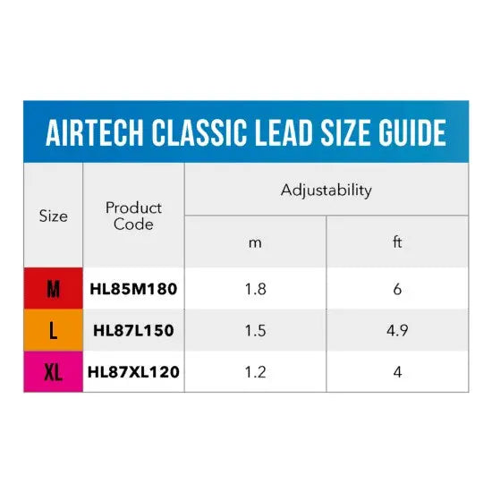 Airtech classic lead size guide with adjustable measurements in meters and feet for sizes M, L, and XL.