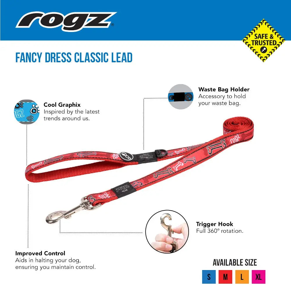 Rogz Fancy Dress Classic Dog Lead with waste bag holder and 360° trigger hook for improved control.