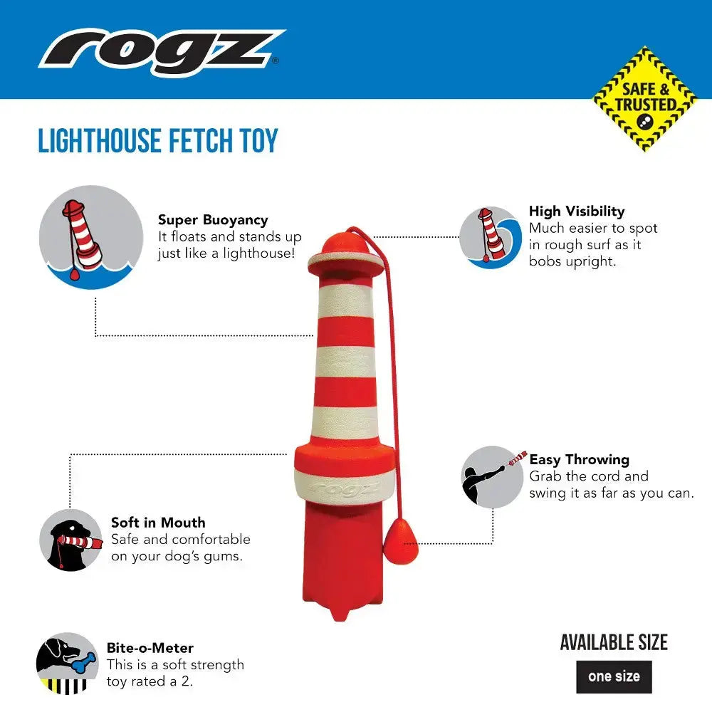 Lighthouse fetch toy for dogs, featuring buoyancy, high visibility, and soft material for easy throwing.