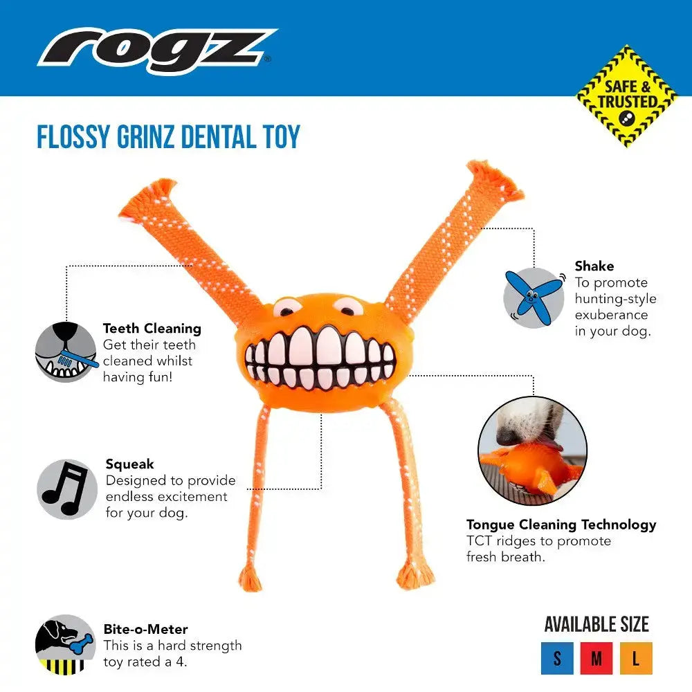 Flossy Grinz dental toy for dogs promotes teeth cleaning, squeaking fun, and fresh breath.