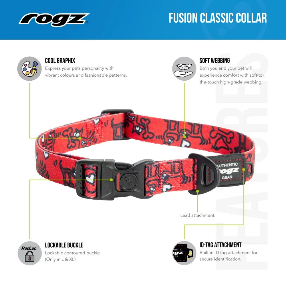 Rogz Fusion Classic Collar featuring vibrant graphics, soft webbing, and secure buckle for pet comfort.