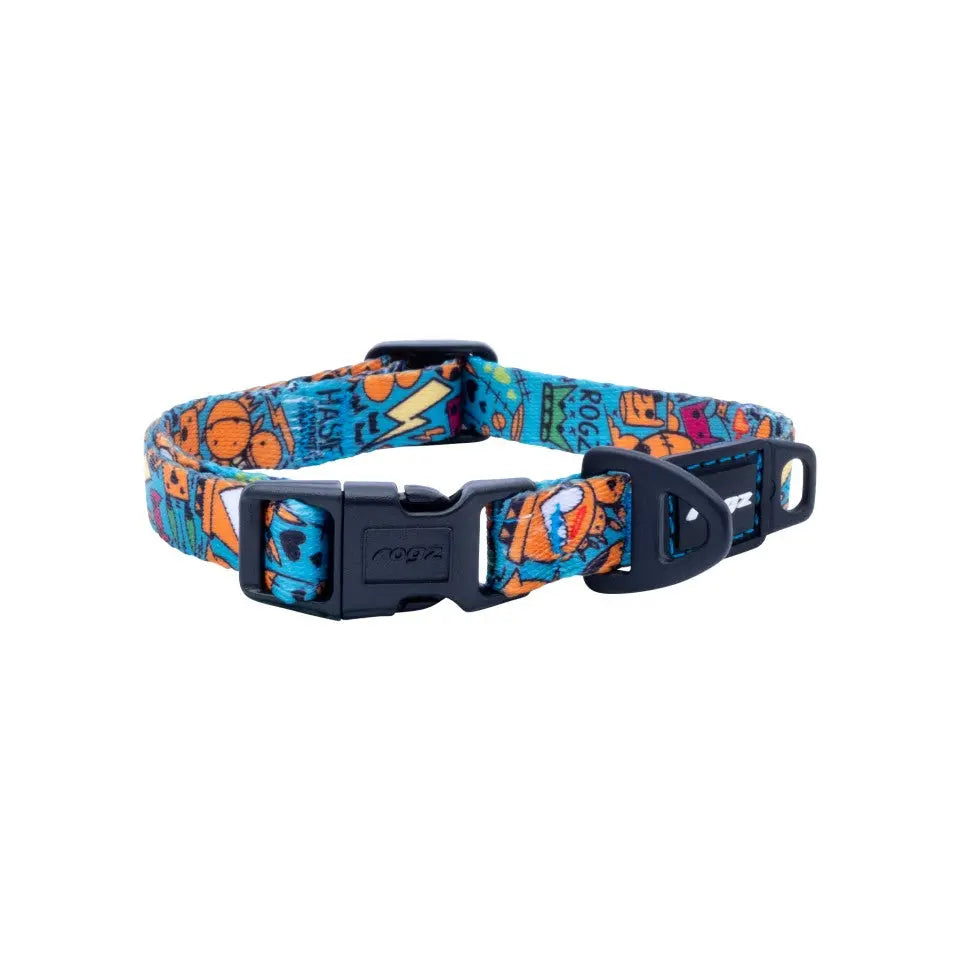Colorful pet collar featuring playful cartoon designs and a secure buckle for easy adjustment.