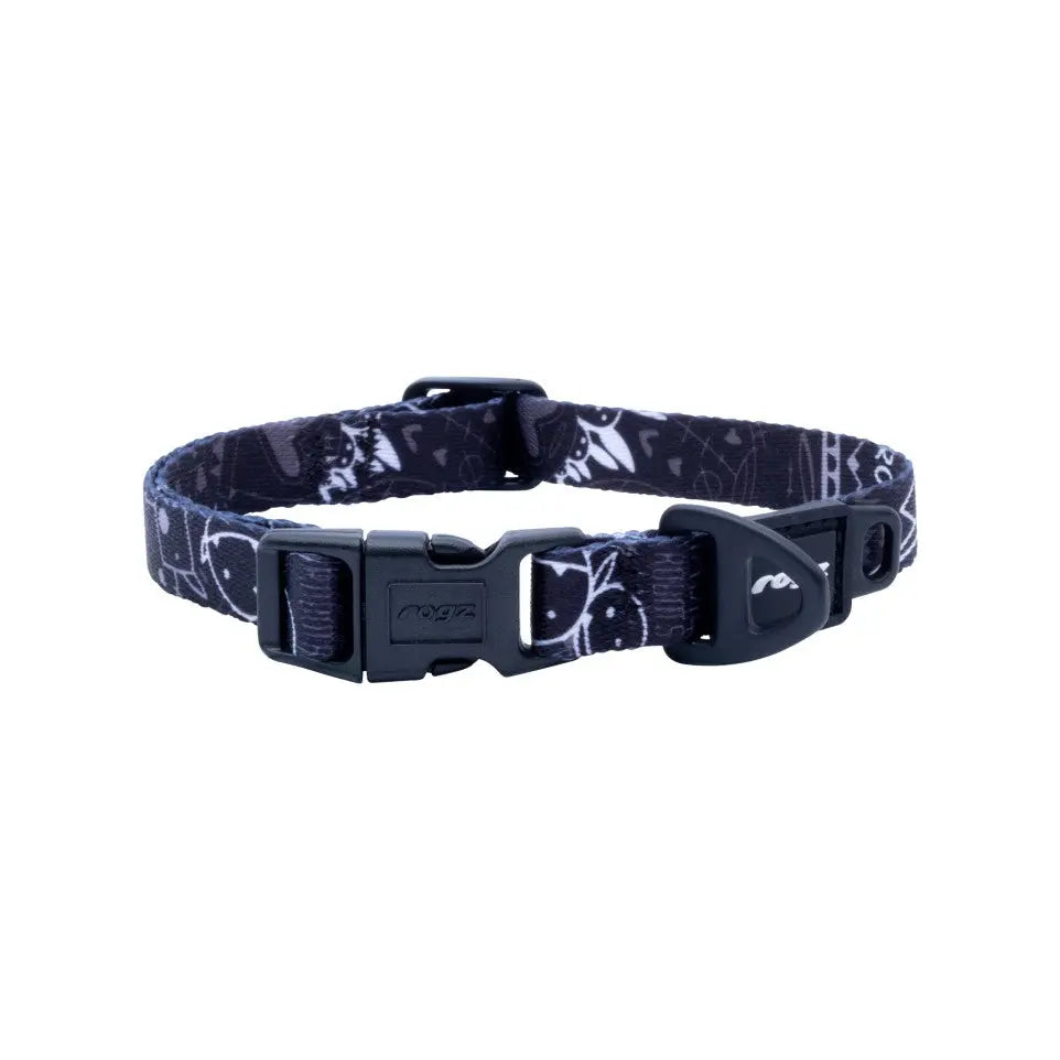 Black patterned dog collar with adjustable buckle for comfort and style.