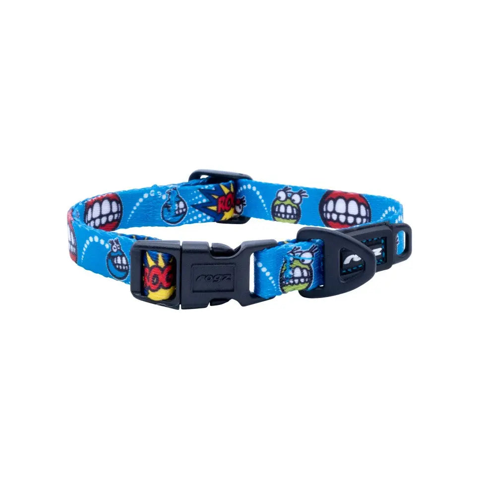 Colorful dog collar with playful cartoon designs and a secure buckle for pet safety.