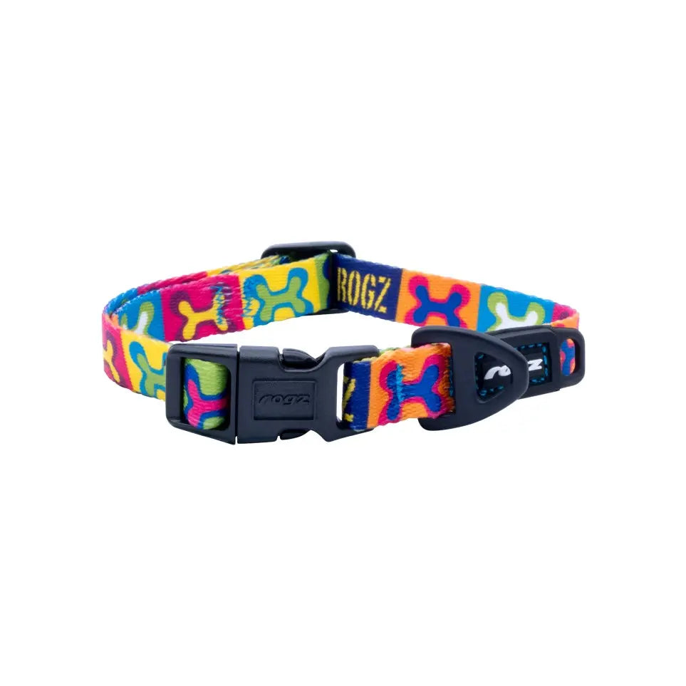 Colorful Rogz dog collar with playful bone pattern and adjustable buckle for pet comfort.