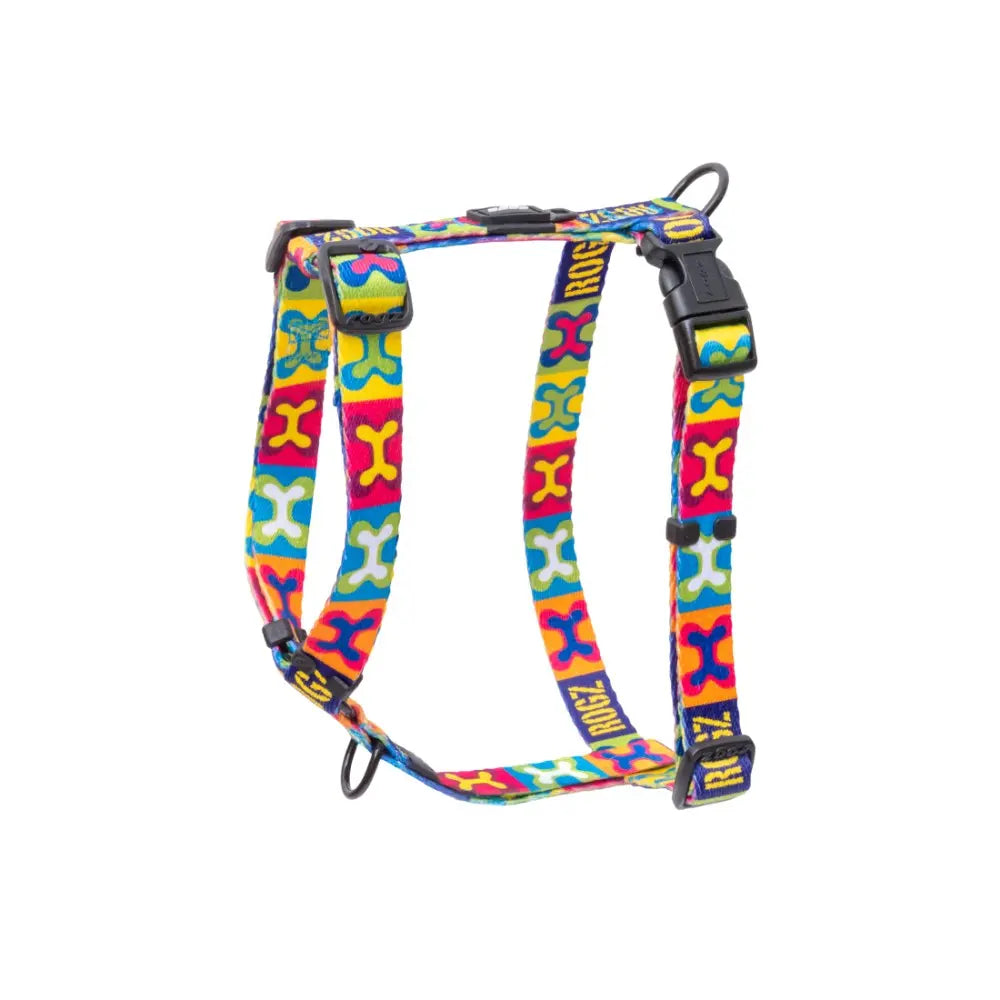 Colorful pet harness with adjustable straps for comfort and style.